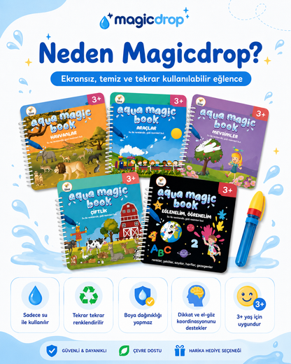 Magicdrop Sihirli Su Boyama Kitabı Seti – Su Kalemli, Tekrar Kullanılabilir, 2+ Yaş