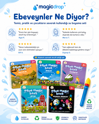 Magicdrop Sihirli Su Boyama Kitabı Seti – Su Kalemli, Tekrar Kullanılabilir, 2+ Yaş