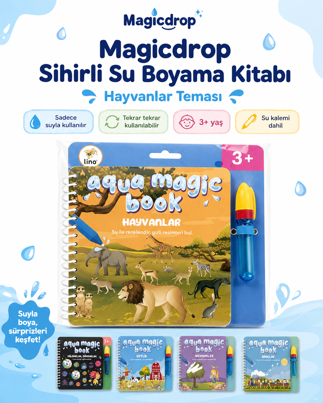Magicdrop Sihirli Su Boyama Kitabı Seti – Su Kalemli, Tekrar Kullanılabilir, 2+ Yaş