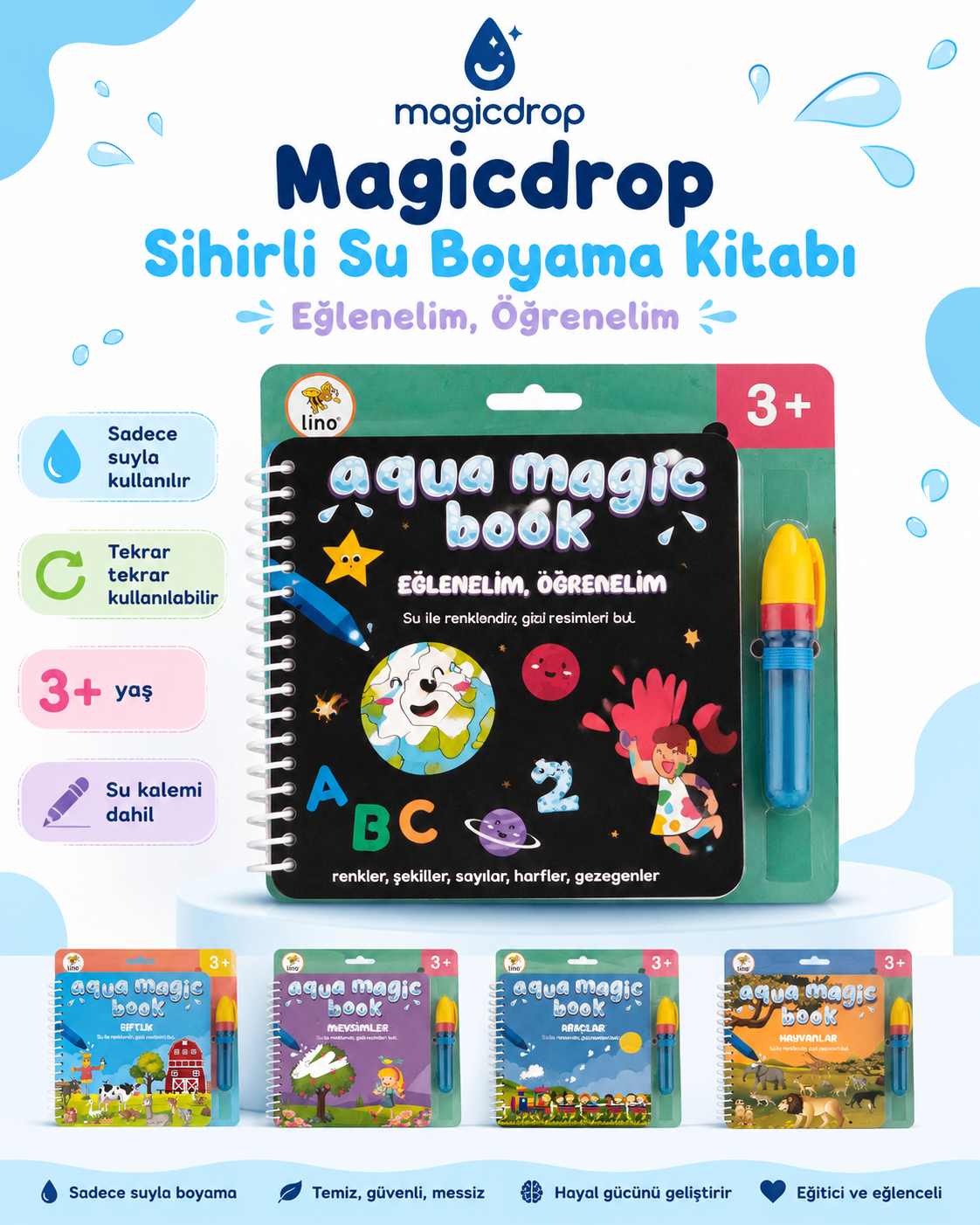 Magicdrop Sihirli Su Boyama Kitabı Seti – Su Kalemli, Tekrar Kullanılabilir, 2+ Yaş