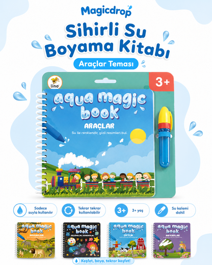 Magicdrop Sihirli Su Boyama Kitabı Seti – Su Kalemli, Tekrar Kullanılabilir, 2+ Yaş